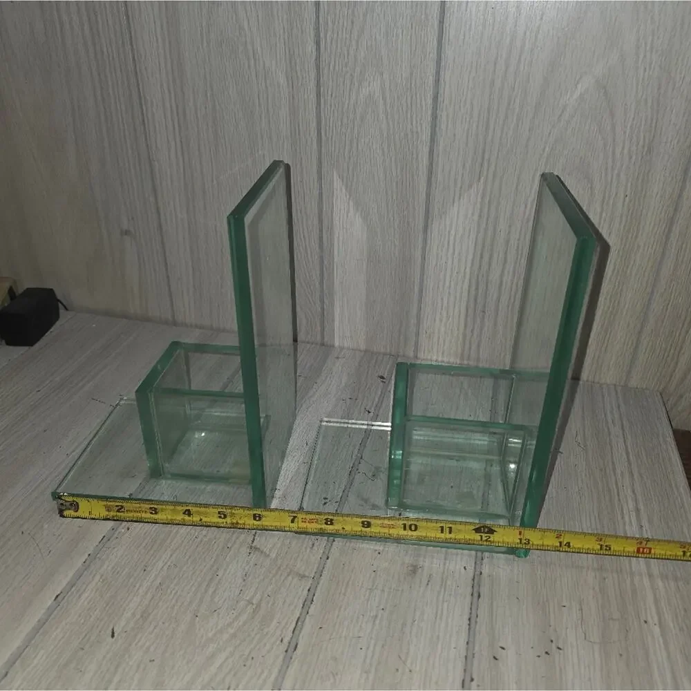 Vtg Minimalist Clear Glass Bookends With Candle Holder/Planter MCM Art Heavy